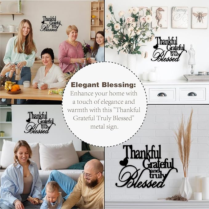 Hppybiry Thankful Grateful Blessed Wall Decor Black Metal Wall Art Thankful Grateful and Truly Blessed Sign Home Decor Entryway Living Room Decoration Signs - 32 Inches