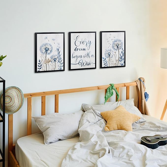 Nachic Wall Dandelion Wall Art Blue and Brown Floral Canvas Prints Inspirational Quote Framed Artwork