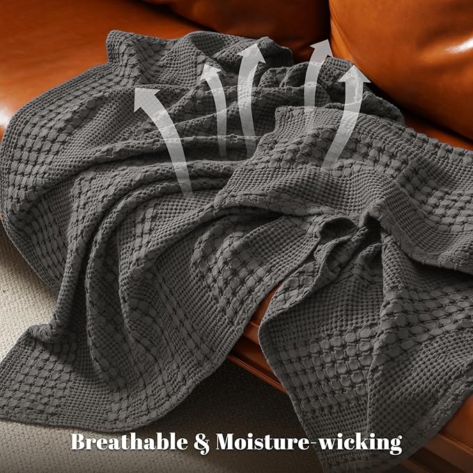 PHF 100% Cotton Waffle Weave Blanket King Size for Bed, Soft Lightweight & Breathable for Spring and Summer, All-Season Comfort, Luxury Aesthetic Blanket for Home Decor, 108"x90", Charcoal Grey
