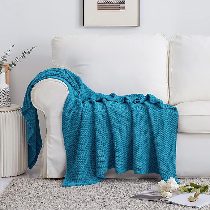 Longhui bedding Teal Knitted Throw Blanket for Couch, Soft, Cozy Machine Washable 100% Cotton Sofa Knit Blankets, Heavy 3.0lb Weight, 51 x 63 Inches, Teal Color.