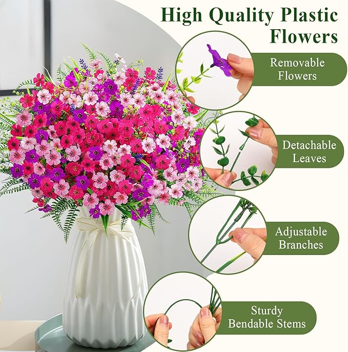 Alupssuc 48 Bundles Artificial Flowers for Outdoors Planters Spring Decoration, UV Resistant Faux Eucalyptus Violet and Lavender Silk Fake Plants for Outside Indoor Yard Home Patio Decor, Mix 3 Colors