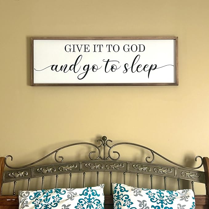 Houmury Framed Give it to God and Go to Sleep Signs 48"x16" Above Bed Wall Decors Wall Art for Bedroom Wood Signs (48 x16 inch, Brown)