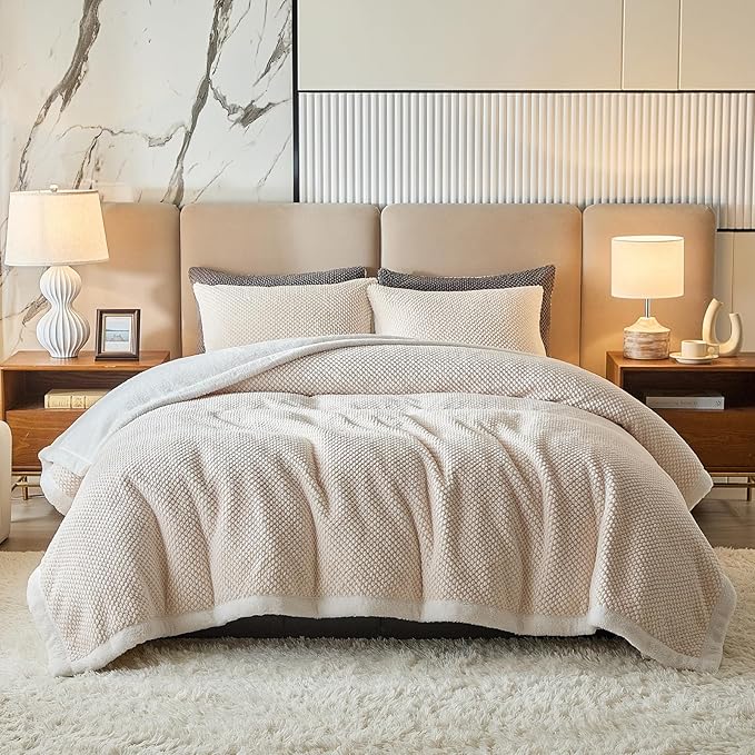Luxury Flannel Fleece Sherpa Blankets Queen Size for Bed, Jacquard Boho 3-Layer Thick and Warm Blanket for Winter, Soft Cozy Fuzzy Plush Velvet Blanket with 2 Pillow Cases, Beige, 88x88 Inches