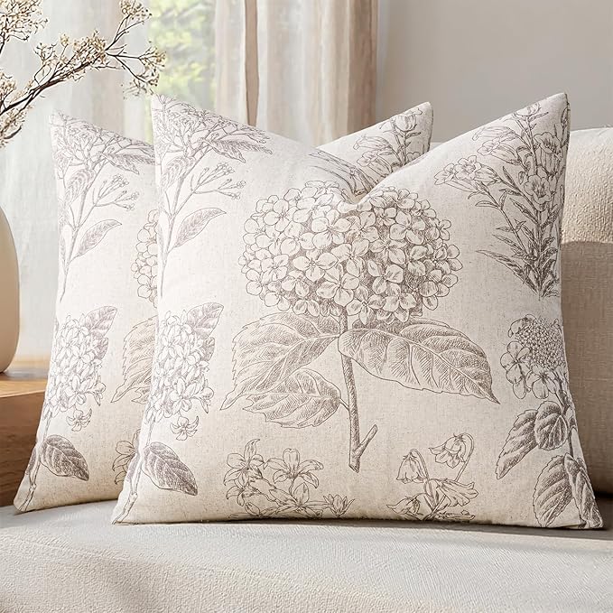 Set of 2 Decorative Floral Neutral Pillow Covers 18x18 Inch Light Camel Hydrangea Print Spring Boho Vintage Throw Cushion Covers for Sofa Couch Porch Bedroom Living Room Summer Home Decor