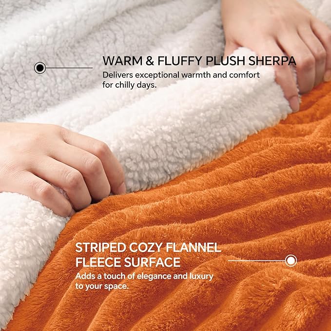 INFIIXSO Sherpa Fleece Queen Size Blanket - Super Soft & Warm Striped Fleece, Cozy Plush Fluffy Large Bed Blanket All Season Use (Burnt Orange, 90x90 Inches)