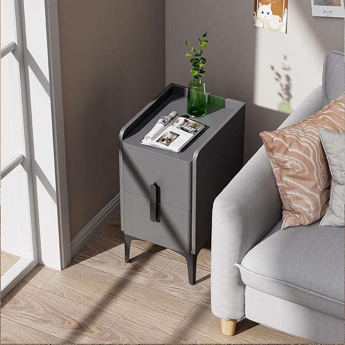 VICITON Narrow Nightstand with 2 Drawers, Narrow Side Table Leather Surface, Slim Bedside Table for Bedrooms, Dormitories, Living Rooms (Light Gray, 15.7" D x 11.8" W x 22.4" H)