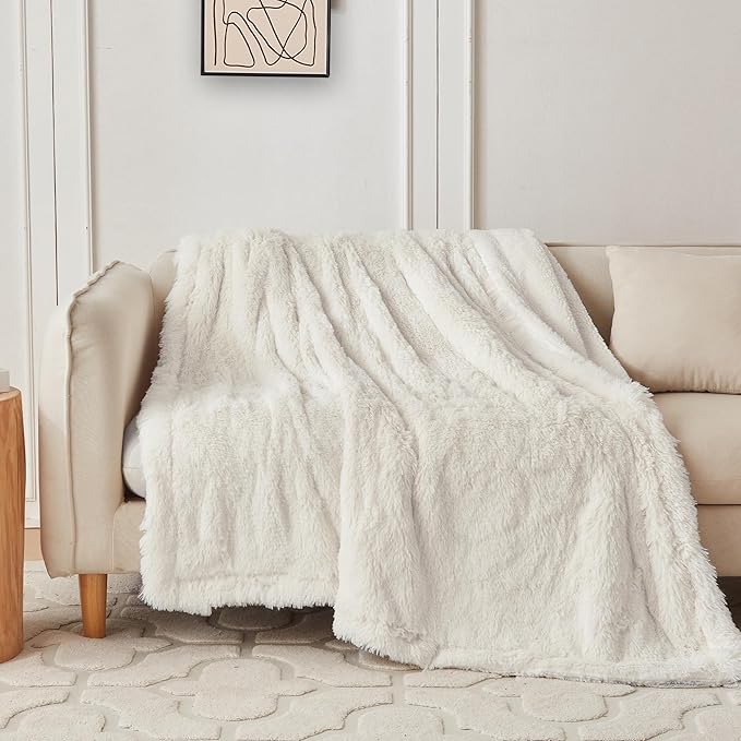 COOVA Ultra Soft Faux Fur Throw Blanket – Fuzzy Fluffy Cozy Microfiber Blankets, Warm Thick Plush Sherpa Fleece Throw Blanket for Couch,Bed,Sofa,Ideal Gift for Women.(Ivory White, 50"x60")