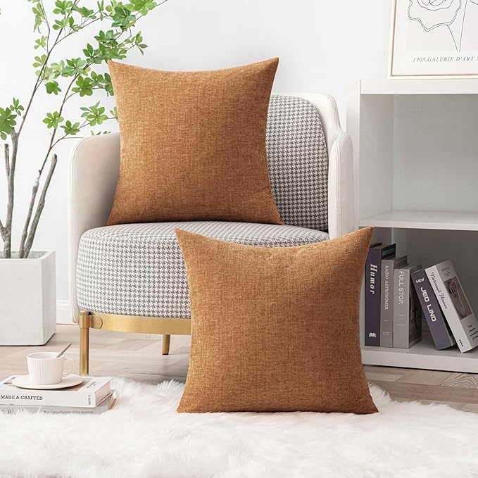 MIULEE Pack of 2 Brown Throw Pillow Covers 18x18 Inch Soft Chenille Pillow Covers for Sofa Living Room Couch Solid Dyed Cases