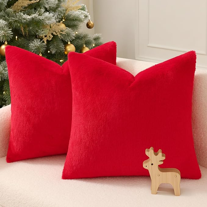 Pallene Faux Fur Plush Christmas Throw Pillow Covers 16x16 Set of 2, Soft Fluffy Couch Pillow Covers for Living Room, Red