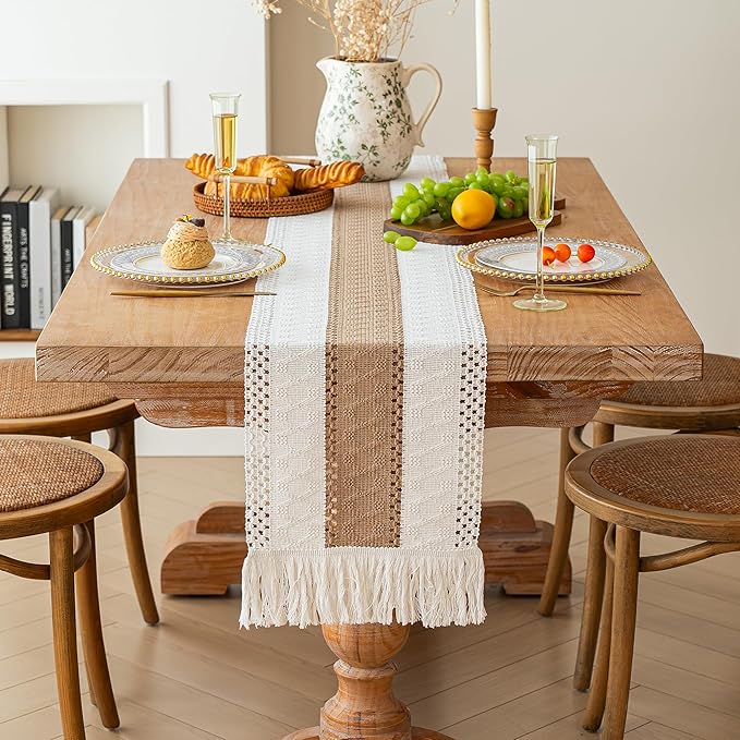 FEXIA Boho Table Runner for Fall Home Decor with Tassels 72 Inches Long Farmhouse Rustic Table Runner Macrame Burlap Table Decoration for Living Room Bridal Shower(12x72 Inches)
