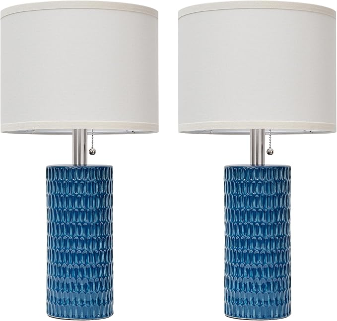 Table Lamps for Living Room Set of 2, Ceramic Table Lamps for Bedroom, 20" Modern Lamps for Night Stands, Blue