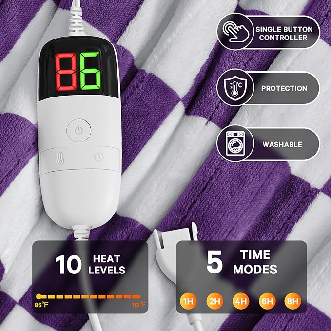 Heated Electric Blanket Throw, 50X60 Heating Blanket with 10 Heat Level & 8 Hours Auto Off for Lap, Deep Purple Checkered Plaid Soft Sherpa Blankets for Mom Grandma Women Couch