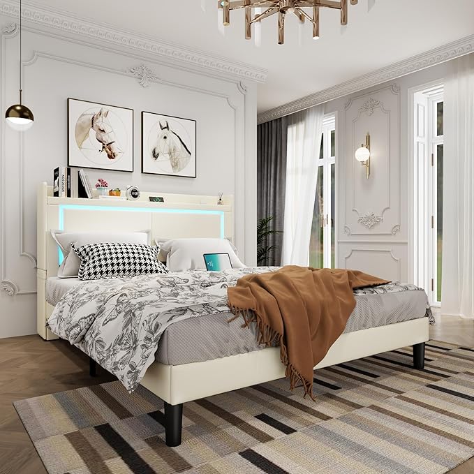 Queen Bed Frame with Headboard and Wheeled Nightstand, PU Leather Upholstered Platform Bed with LED&Charging Station for Bedroom, No Box Spring Needed, Noise Free, Suit for Couple/Single, Beige