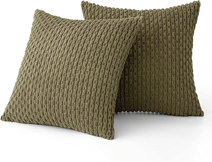 MIULEE Pack of 2 Decorative Throw Pillow Covers 16x16 Inch Soft Boho Striped Textured Corduroy Pillow Covers Modern Farmhouse Home Decor for Couch Bed Sofa Living Room Olive Green