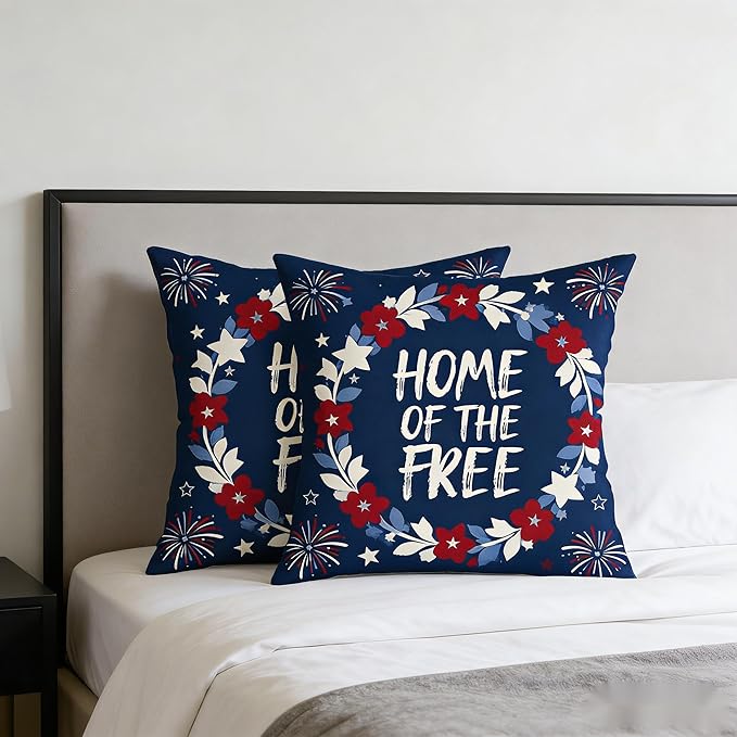 Patriotic Throw Pillow Covers, Home of the Free Floral Design, Linen, 18x18 Inch, Set of 2, Farmhouse Style, Living Room Decor，July 4th Independence Day Pillowcase Series