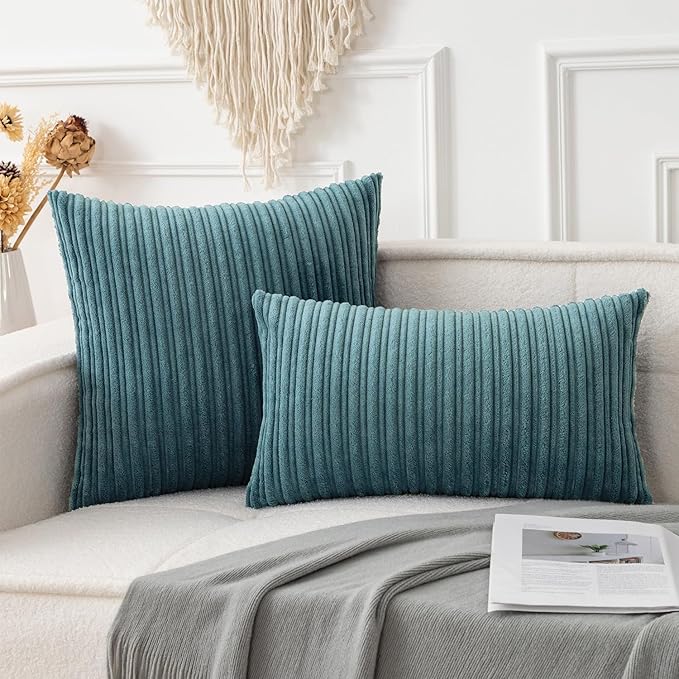 UGASA 14x24 Inch Pillow Cover Pack of 1 Soft Boho Stripe Corduroy Long Rectangle Lumbar Cushion Case Farmhouse Decorative Throw Pilowcase for Bed, Couch, Sofa, Bedroom, Living Room, Blue Grey