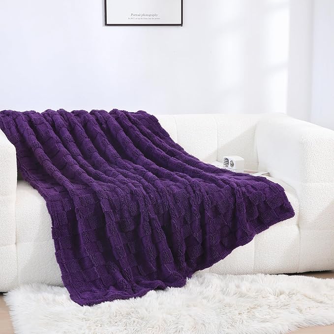 Deep Purple Fleece Throw Blanket 60”×80” for Couch Sofa Bed,Super Soft Cozy Plush Microfiber Flannel Blanket with 3D Checkered Design Lightweight for Adults,Woman,Girls