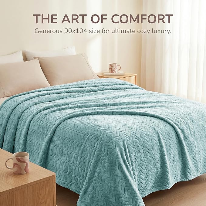 Exclusivo Mezcla Twin Blanket for Bed, Cozy Lightweight Fleece Blankets for All Season, Decorative Giftable Fuzzy Plush Wave Textured Suitable for Women, Men, Celadon, 90x66 Inches