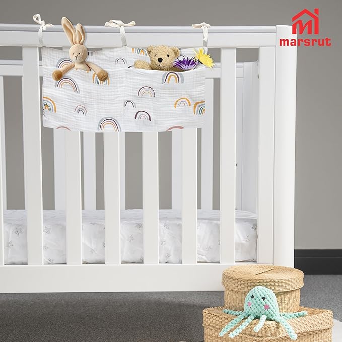 Crib Hanging Storage Organizer Bag, Baby Bedside Cribs Pocket, Cotton Material, Multifunctional Caddy Bags for Organizing Drool Bibs Diaper Bed-Bunk Nappy Milk Bottle Dormitory (Rainbow White)