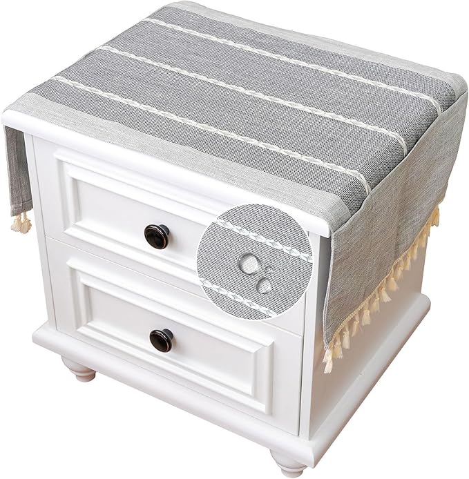 SIELUNO Nightstand Cover, Rectangle Bedside Tablecloth with Pockets and Tassel, Cotton Linen Waterproof Small Tablecloth TV Cabinet Washer Dryer Fridge Top Dust Cover-Grey Stripes-16x36 Inch