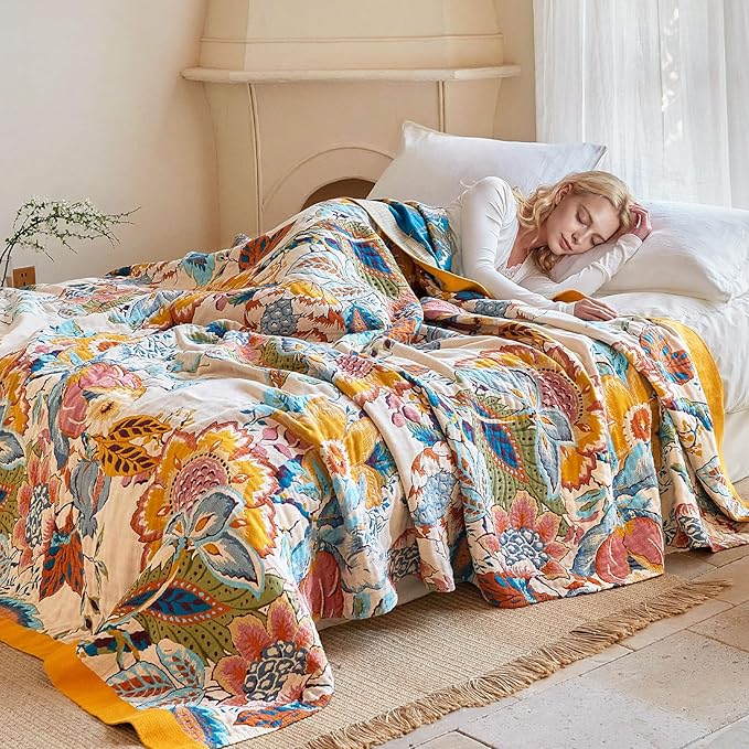 Boho Throw Blanket - 90"x108" 100% Cotton Ultra Soft Lightweight Spring Blanket, 4-Layer Breathable Muslin Blankets for Bed Couch, Reversible Green Floral Butterfly Printed Bohemian Quilt