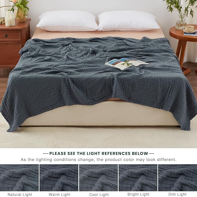 Love's cabin 100% Cotton Muslin Blanket, 6 Layer Lightweight Breathable Gauze Queen Size Blanket 90 x 90 Inches, Soft All Season Blanket for Bed, Dark Grey