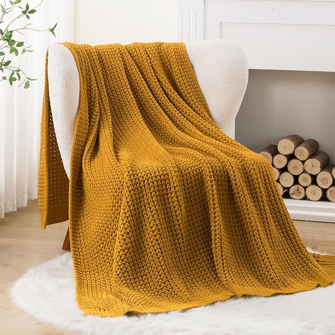 Bunnikins & Clover Knitted Waffle Throw Blanket 50x60 Inches, Mustard Yellow Throw Blanket for Couch, Soft Cozy Chenille Knit Blanket Warm Decorative Throw for Sofa