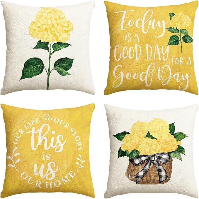 AVOIN colorlife Yellow Hydrangea Summer Throw Pillow Covers, 18 x 18 Inch Today is A Good Day Dark Yellow Cushion Case Decoration for Sofa Couch Set of 4