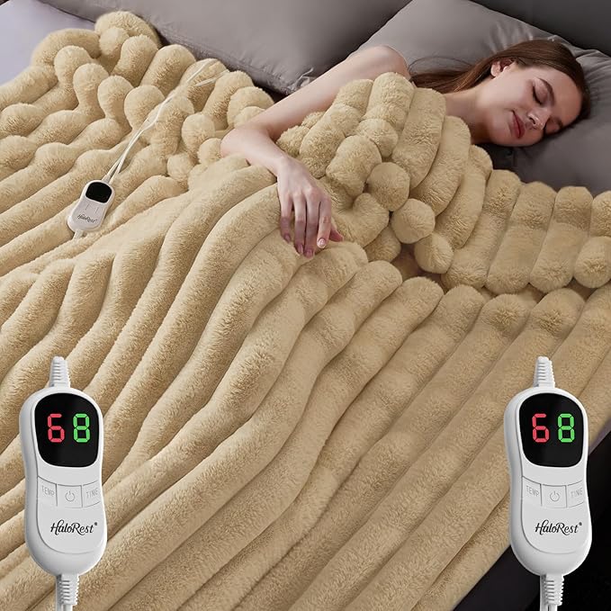 Heated Blanket Queen Size, Faux Fur Cozy Heating Blanket with Overheat Protection, 1/2/4/6/8 Hours Auto-Off 10 Heat Level, Machine Washable (84x90 Inches, Beige)
