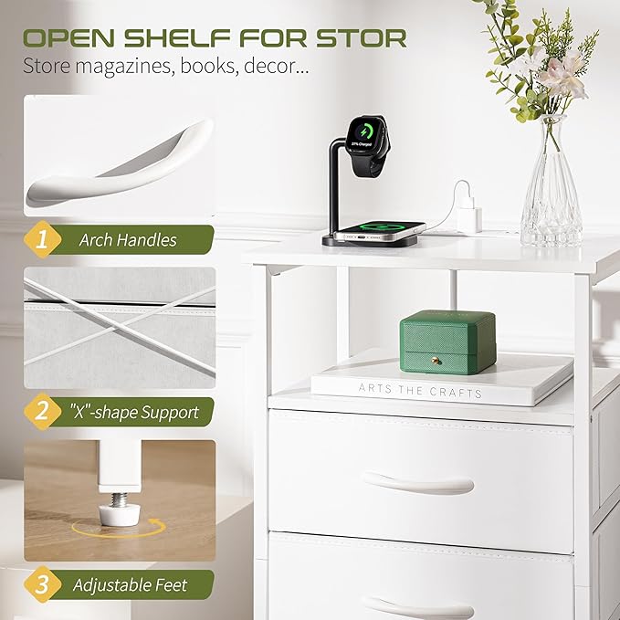 Yoobure 5 Drawers Dresser for Bedroom, Tall Nightstand with Charging Station, Fabric Dresser for Closet with Storage Shelf, Vertical Dressers Chest LED Night Stand, Bedside Table for Dorm Living Room