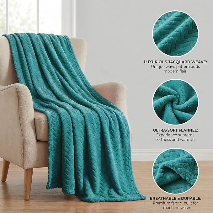 Exclusivo Mezcla Fleece Throw Blanket for Couch, Cozy Lightweight Blankets for All Season, Decorative Giftable Fuzzy Plush Wave Textured Throws for Women, Men, Teal, 50x70 Inches