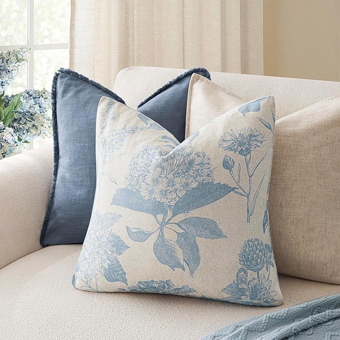 Foindtower Set of 2 Linen Floral Vintage Throw Pillow Covers Neutral Accent Decorative Cozy Cushion Covers Farmhouse Boho Home Decor for Sofa Chair Couch Bedroom Living Room,24×24 Inch,Sky Blue