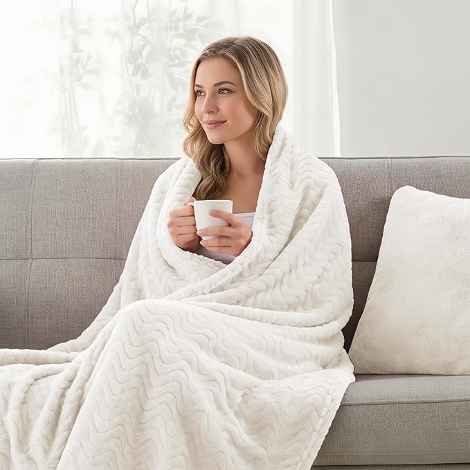 Exclusivo Mezcla Queen Blanket for Bed, Cozy Lightweight Fleece Blankets for All Season, Decorative Giftable Fuzzy Plush Wave Textured Suitable for Women, Men, Ivory, 90x90 Inches