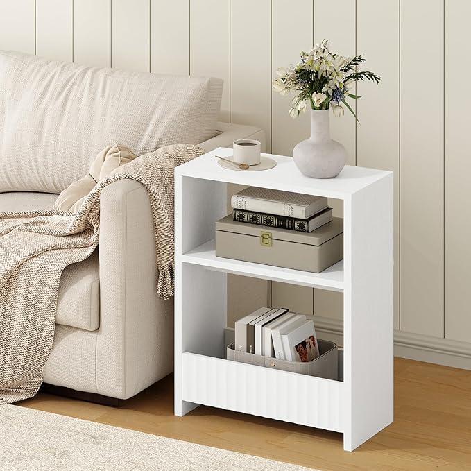 3-Tier Small Narrow Side Table with Open Storage Shelves, Thin Bedside Table for Narrow Spaces, Slim Nightstand, Skinny Couch Side Table for Living Room, Bedroom, Entryway, White ETWT75101