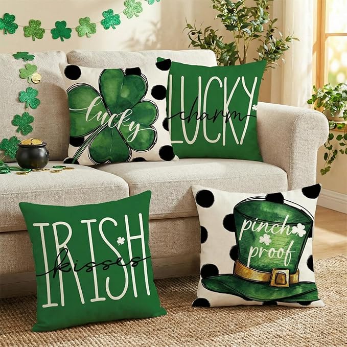 ONFAON St Patricks Day Pillow Covers 18x18 Set of 4 St Patricks Day Decorations Green Shamrock Farmhouse Holiday Green Themed Pillow Case Gift for Home Sofa Couch