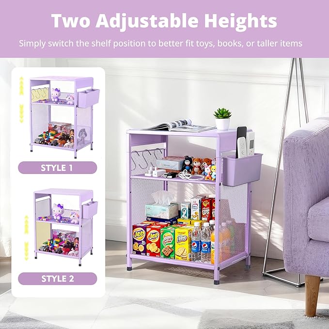 Kids Nightstand, 3-Tier Metal Side Table with Adjustable Storage Shelf, Basket & 3 S-Hooks, Small Bedside Table for Nursery, Toddler Bedroom and Small Spaces (Purple)