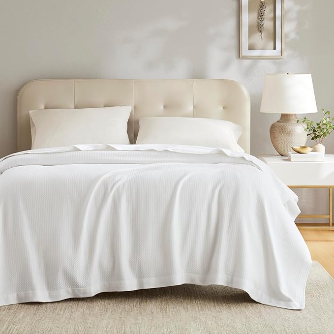 Madison Park 100% Egyptian Cotton Lightweight Summer Blanket, Breathable Waffle Knit Design, Soft Cozy All-Season Throw for Bed, Couch or Sofa, White King Size (108"x90")
