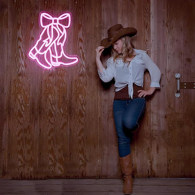 Cowboy Boot Neon Sign Bow Neon Sign LED Pink Cowgirl Boots Light Signs Wall Decor Aesthetic Western Wall Art Suitable for Game Room Country Parties Bow Decor Bedroom Bar Birthday Gift(12.8 * 11.7in)