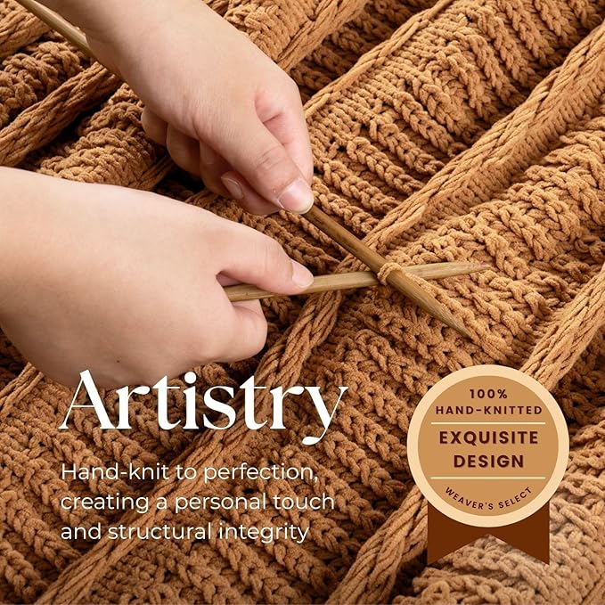 Boho Knitted Chenille Blanket with Tassels - Lightweight & Soft All-Season Throw - 3D Classic Pattern for Living Room Bedroom Couch, Amber Brown, Throw 50"x60"