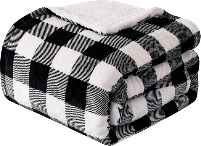 Elegant Comfort Luxury Ultra-Plush Velvet Touch Buffalo Plaid Fleece Throw - Soft, Warm, Cozy Micromink Sherpa-Backing Reversible Blanket for Bed, Sofa and Couch, Buffalo Black