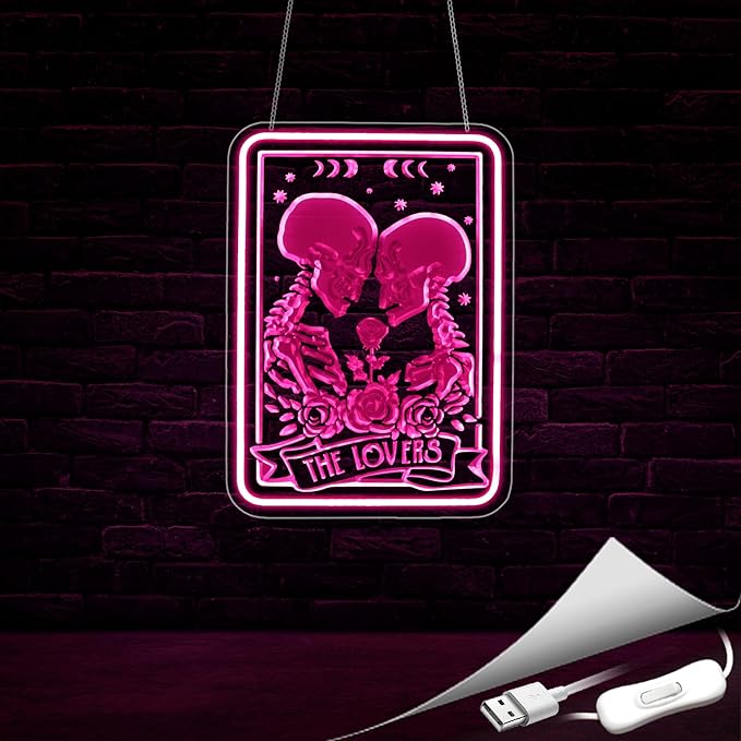 Neon Sign, Skull Lover Neon Signs for Wall Decor - Pink LED Light for Man Cave, Bedroom, Gaming Room - USB Powered Light Up Sign Halloween Christmas Party Decoration