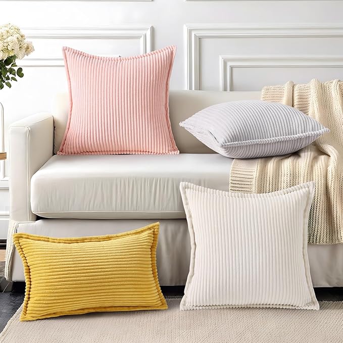 Mecatny Corduroy Throw Pillow Covers 24x24 Set of 2, Neutral Decorative Soft Boho Couch Pillow Covers with Broadside for Sofa Living Room, Grey