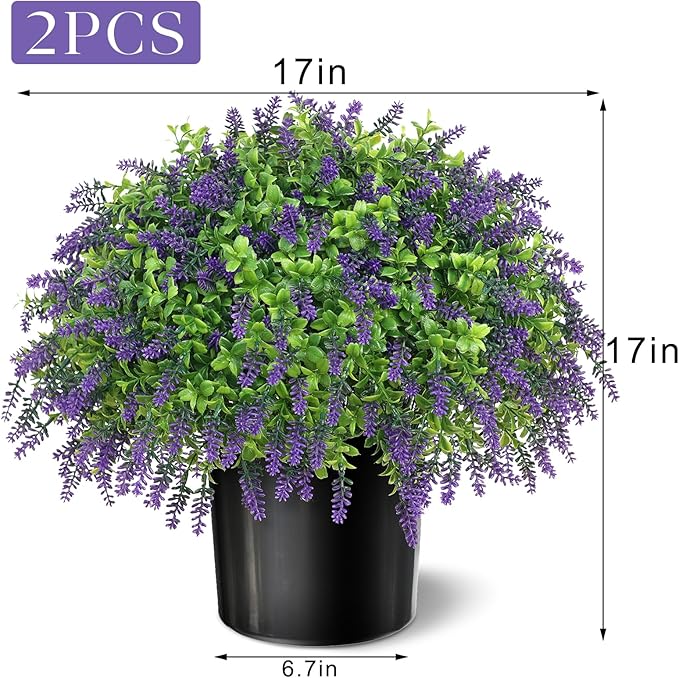 Artificial Boxwood Topiary Ball with Lavender - Set of 2 for Front Porch Decoration,Fake Bushes Potted Plants Faux Greenery Tree UV Resistant for Outdoor Indoor Garden Farmhouse Home Decor (Purple)