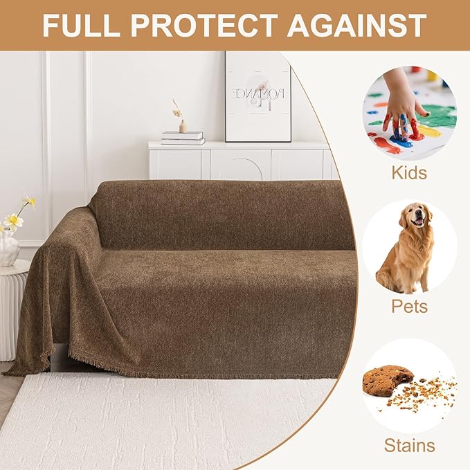 Smiry Couch Cover for Dogs, Washable Chenille Sofa Covers for 3 Cushion Couch, Soft Sofa Slipcover for Pets, Thick Sectional Furniture Protector with Tassels (Chocolate, 71x118 Inch)
