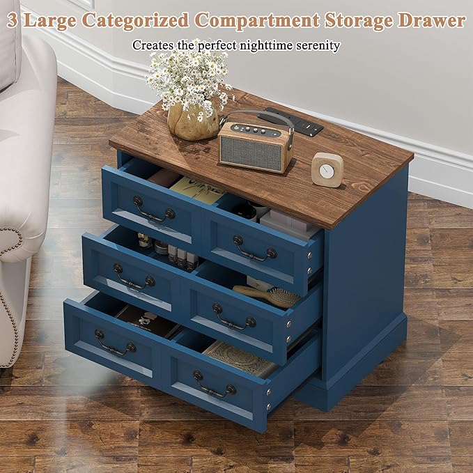 Farmhouse Night Stand with Charging Station, 27.6" Wider Blue Wood Nightstand with 3 Drawers Dividers Storage, Larger Bedside Table, Side Table End Table for Bedroom, Living Room, Sofa