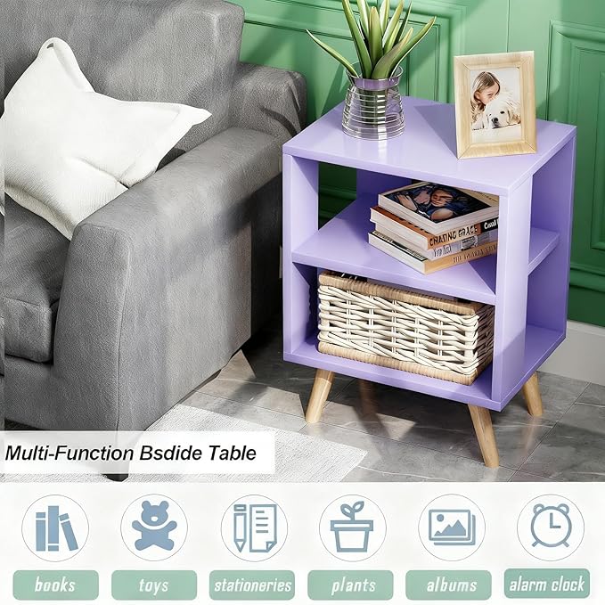 Night Stand, Purple Nightstand, Modern End Table with Open Storage, 2-Tier Wooden Bedside Table for Small Space, Living Room, Bedroom