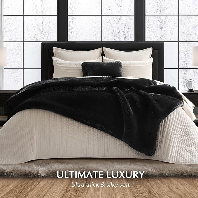 EVERGRACEHOME Luxury Soft Faux Chinchilla Fur Throw Blanket for Couch, Warm Thick Heavy Winter Throw Blanket 1220GSM for Bed, Fluffy Cozy Mink Blanket with Reversible Velvet, Black Noir Mink, 60"x80"