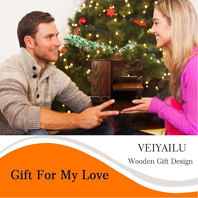 Gifts for Men Boyfriend Him Brother Nightstand Organizer Gifts for Dad from Daughter Son Wood Phone Docking Station Anniversary Birthday Gifts (Walnut)