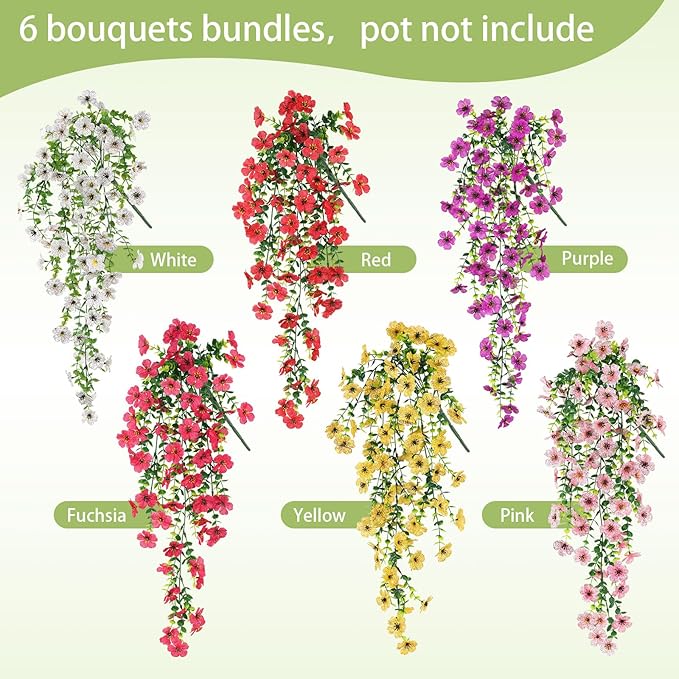 Artificial Flowers for Outdoors Spring Decor, 6 Bundles UV Resistant Realistic Fuax Silk Hanging Flowers, Fake Plants for Planter Indoor Outside Garden Porch Patio Balcony Yard Farmhouse