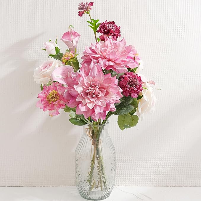 LUEUR Artificial Flowers in Vase Centerpiece – Pink Dahlia, Tulip & Rose Arrangement, Faux Floral Table Decorations for Coffee Table, Dining Room, Living Room & Farmhouse Home Decor